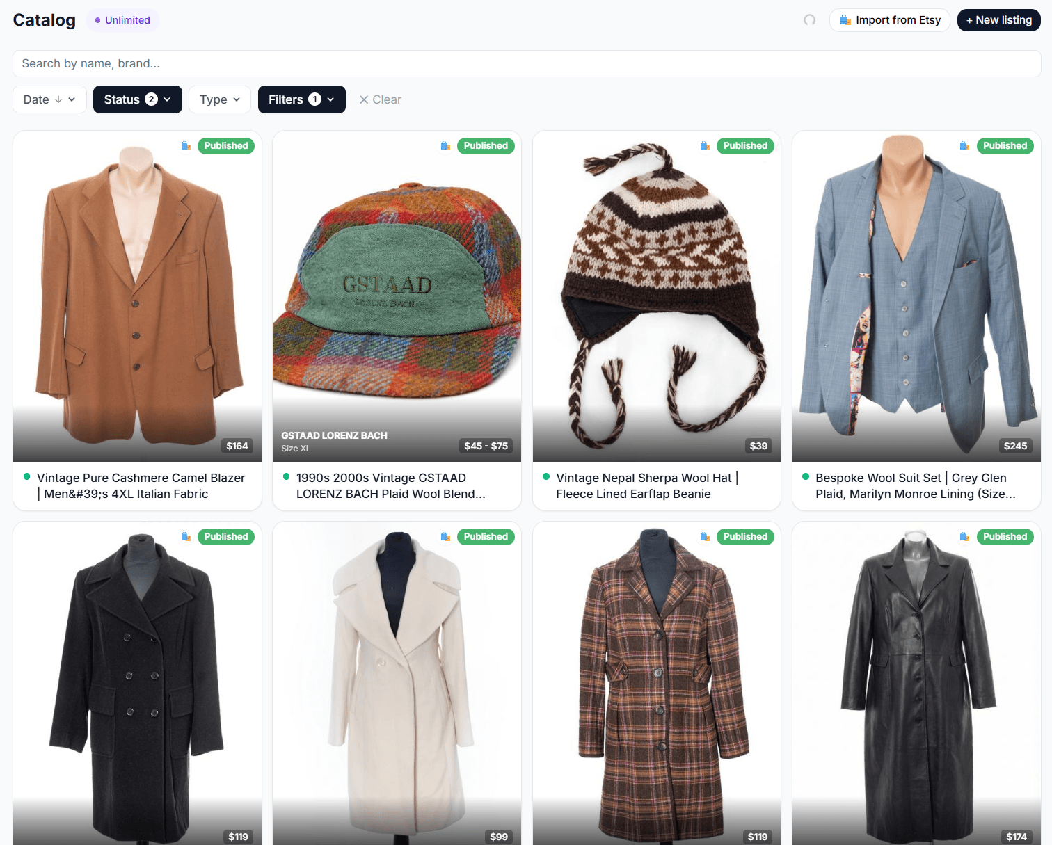 ListingService catalog — your entire vintage inventory in one place