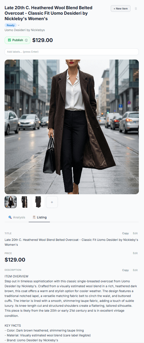 AI-generated listing — title, description, tags and price ready to publish