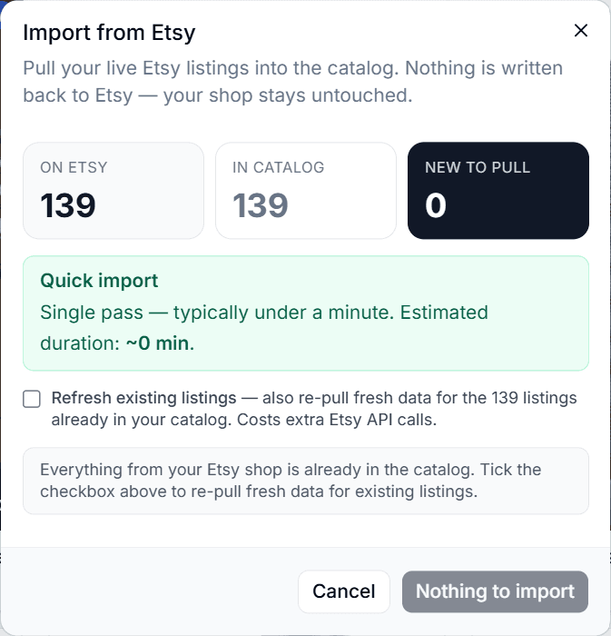 Import from Etsy — pull all your listings into the catalog in one click