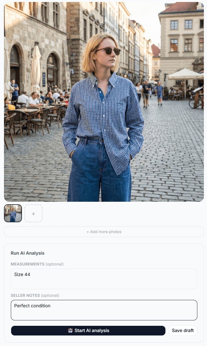Upload item — add photos and measurements in seconds